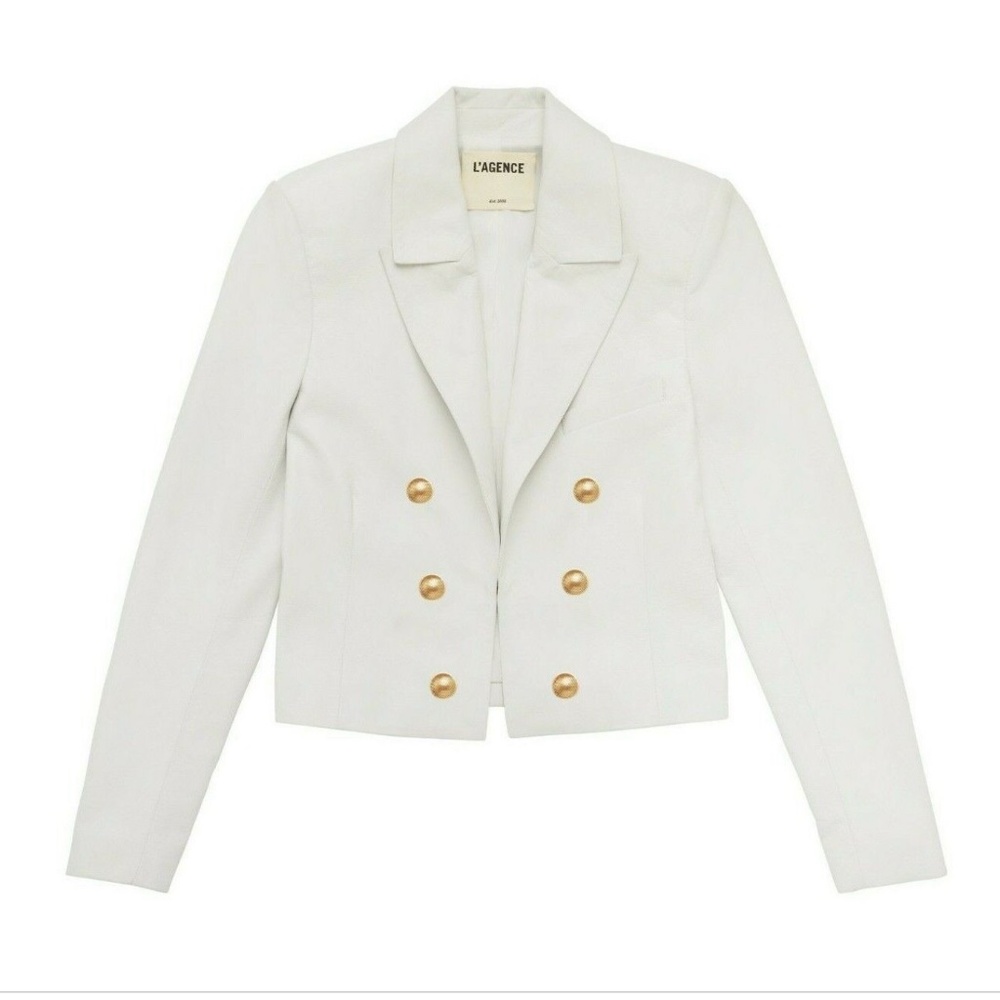 NEW L'AGENCE Inez Cropped White Leather Blazer Gold Buttons, Size 4